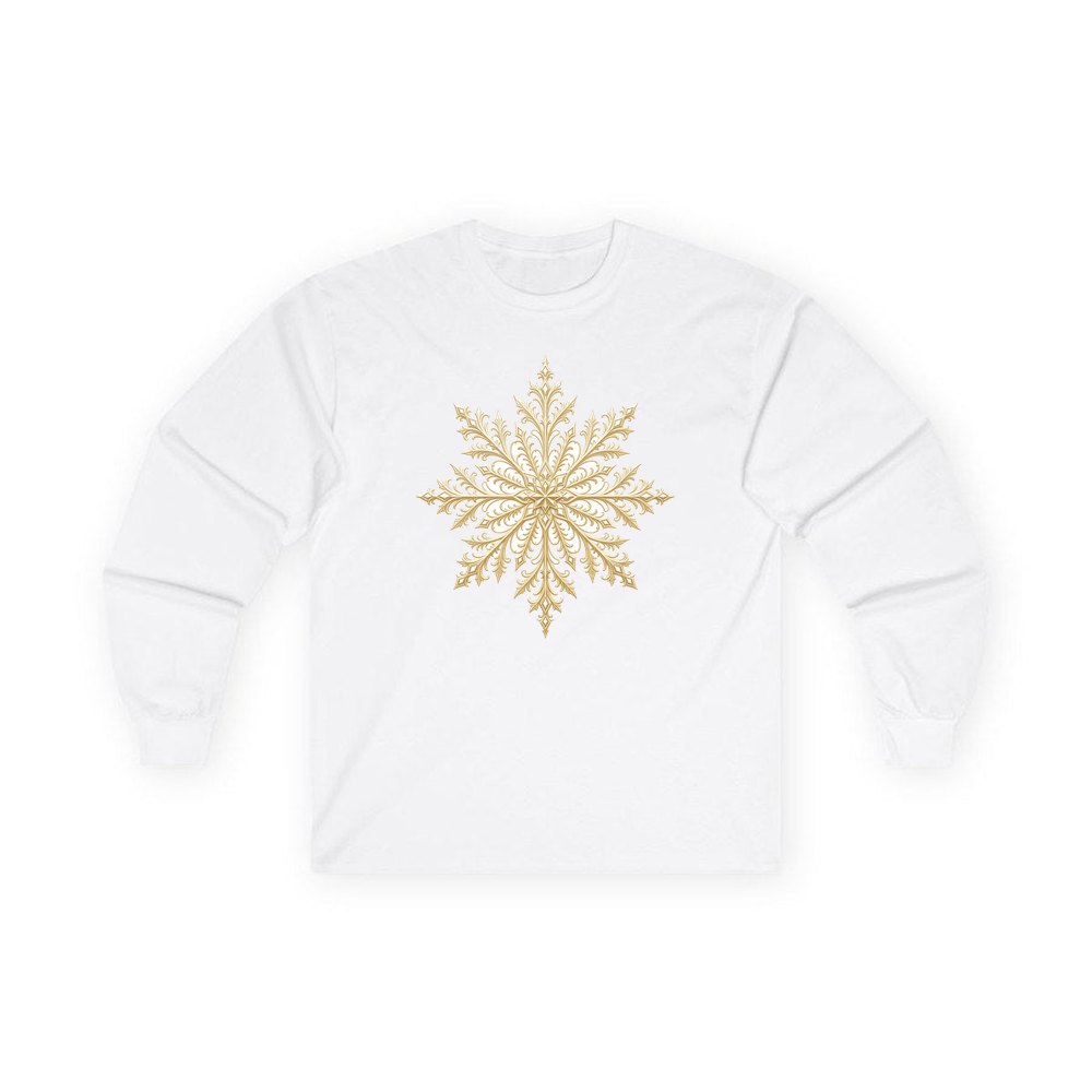 Gold Filigree Snowflake personalised long sleeve Christmas T-shirt in white
