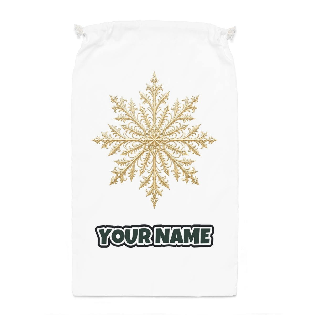 Gold Filigree Snowflake Santa sack laid flat, showing the full print