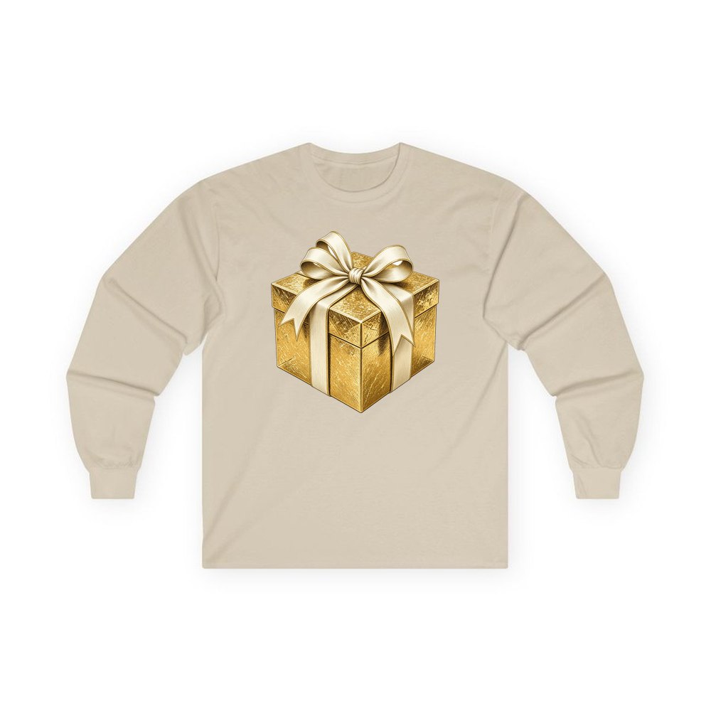Gold Foil Gift Box personalised long sleeve Christmas T-shirt in sand