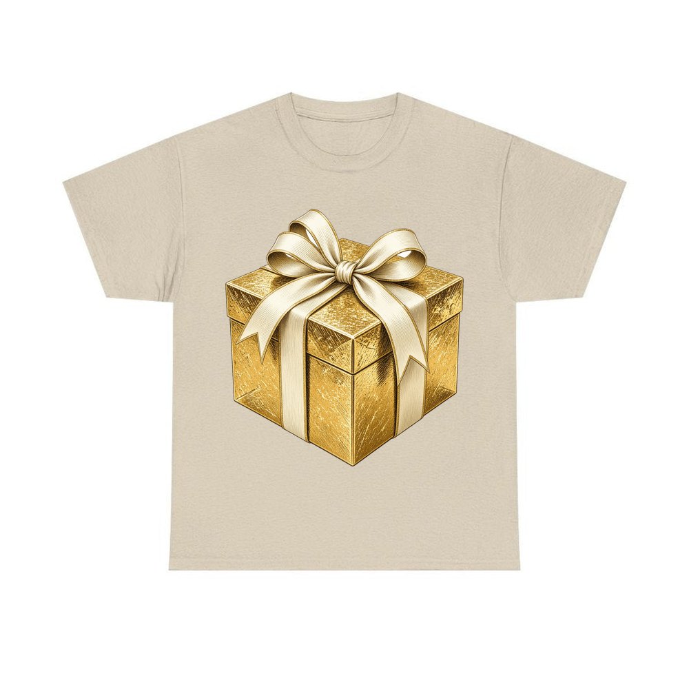 Gold Foil Gift Box personalised Christmas T-shirt in sand