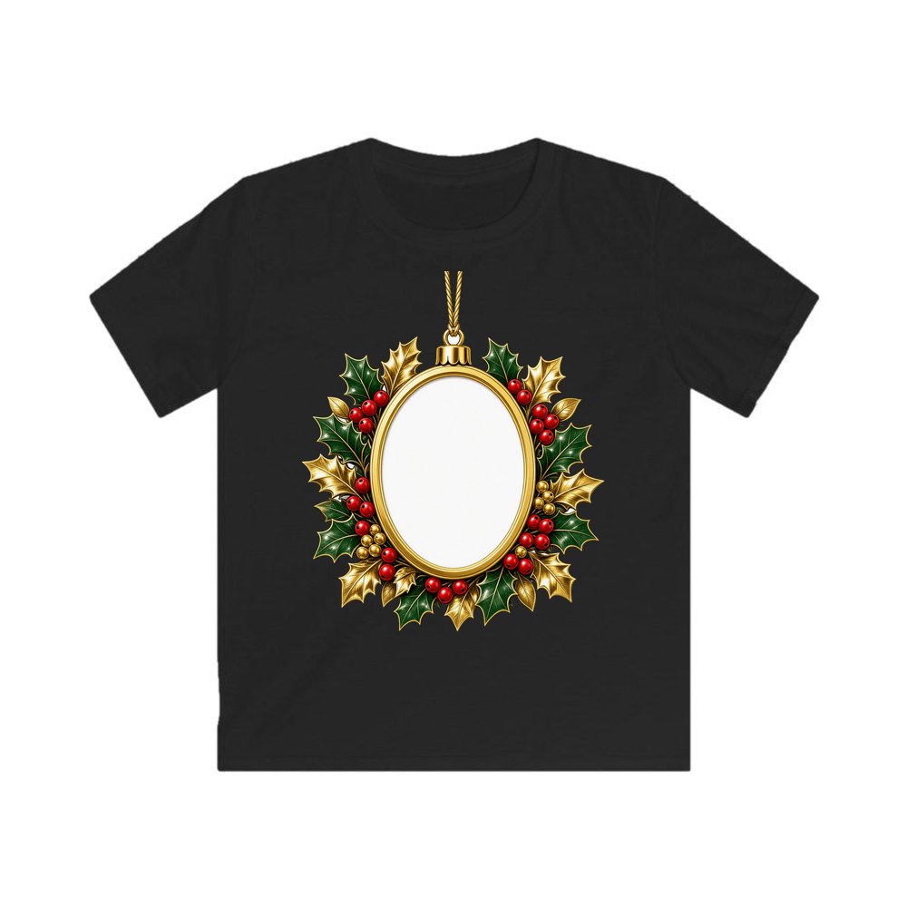 Gold Holly Photo Frame Ornament personalised kids Christmas tee in black
