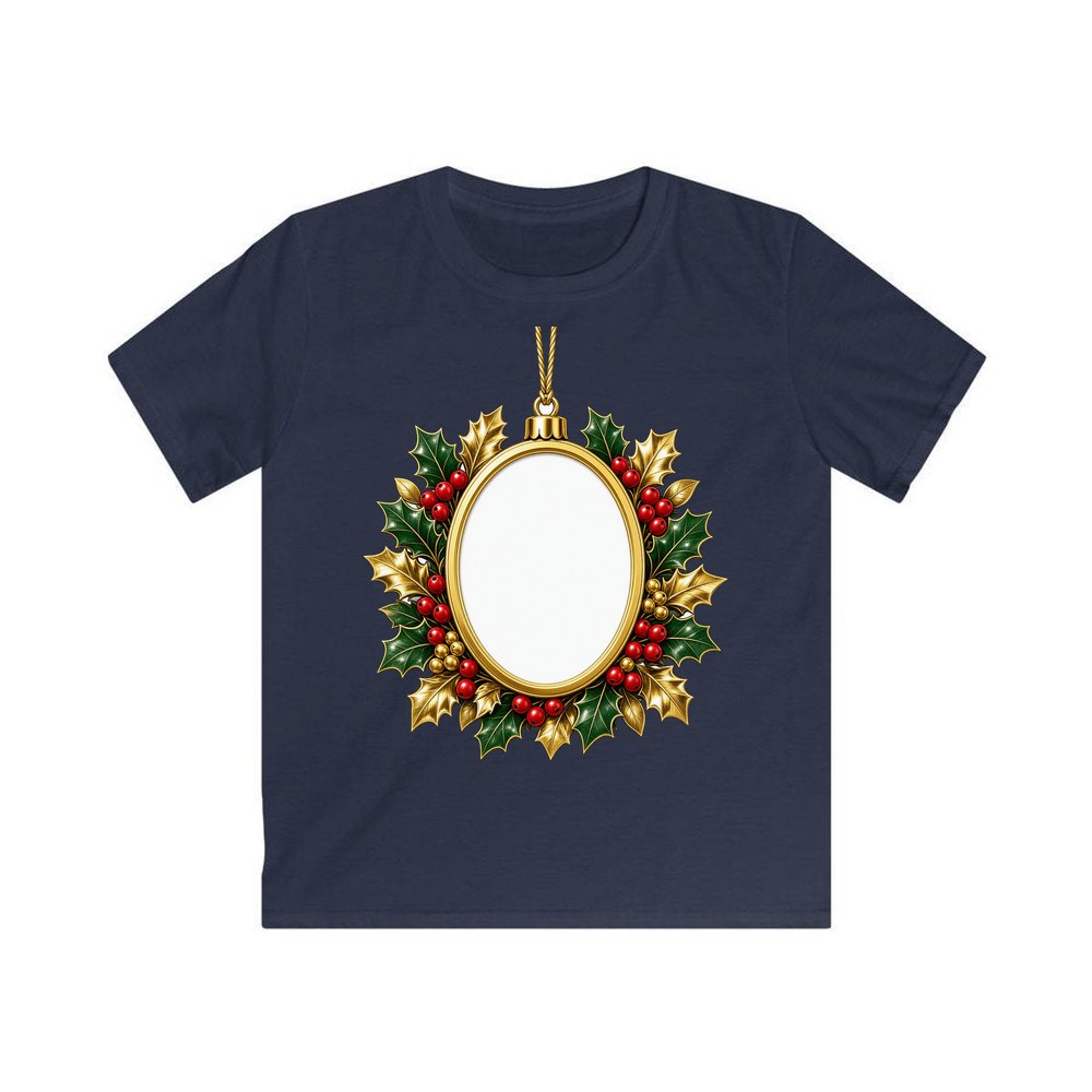 Gold Holly Photo Frame Ornament personalised kids Christmas tee in navy