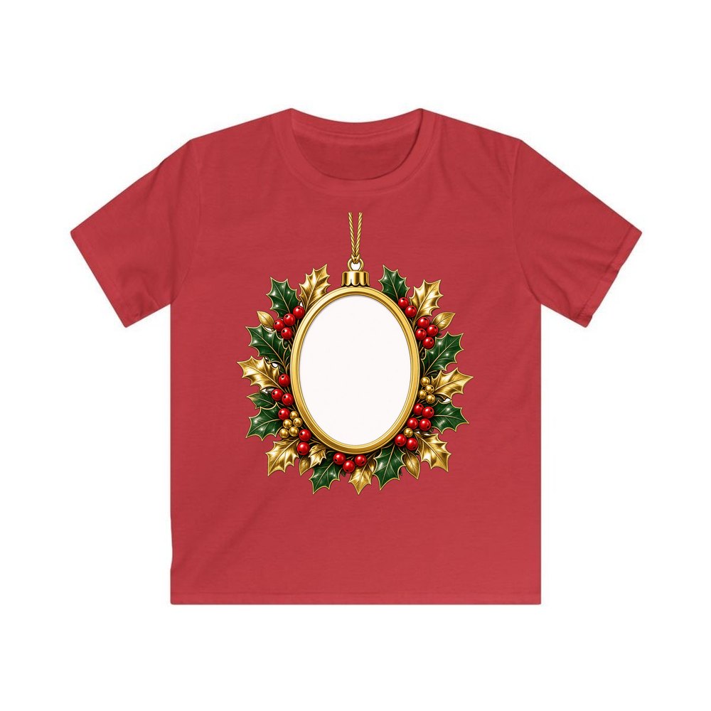 Gold Holly Photo Frame Ornament personalised kids Christmas tee in red