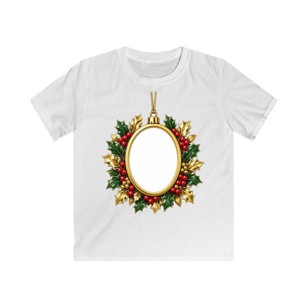 Gold Holly Photo Frame Ornament personalised kids Christmas tee in white