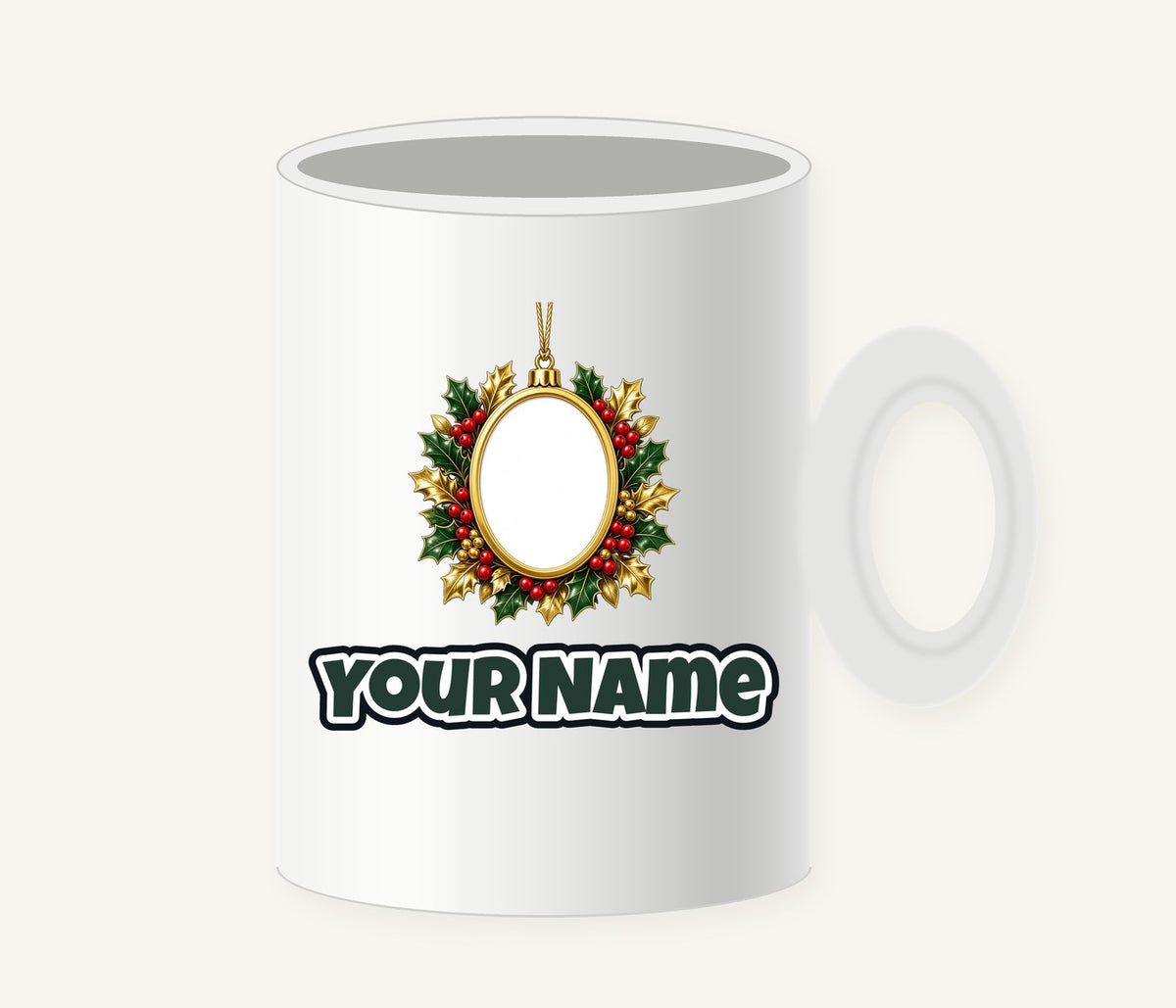 Gold Holly Photo Frame Ornament Personalised Christmas Mug