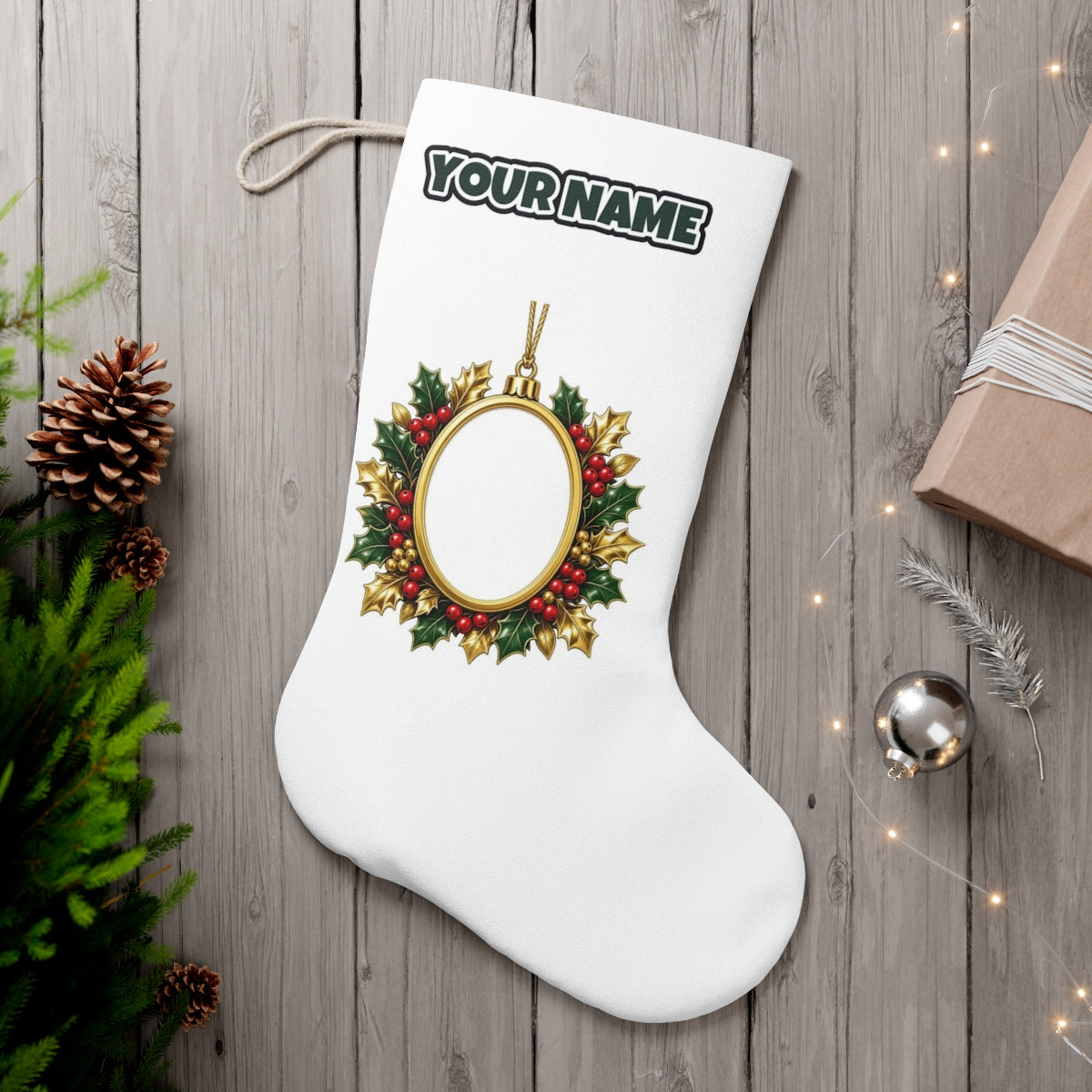 Gold Holly Photo Frame Ornament personalised Christmas stocking, white, with the name across the top