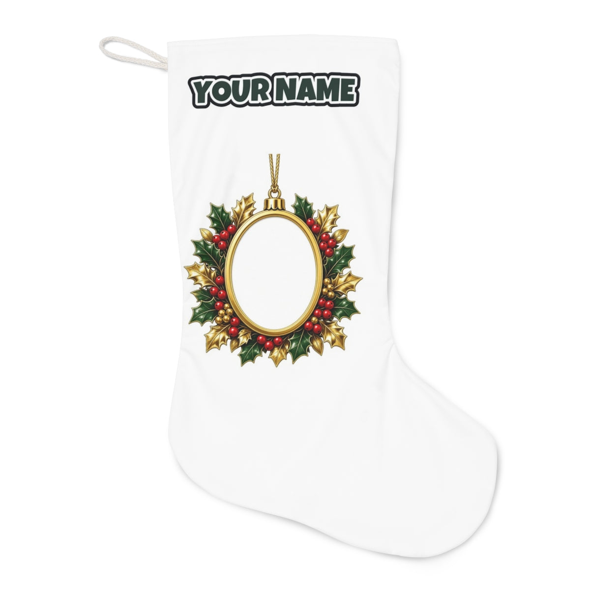 Gold Holly Photo Frame Ornament Christmas stocking laid flat, showing the full print