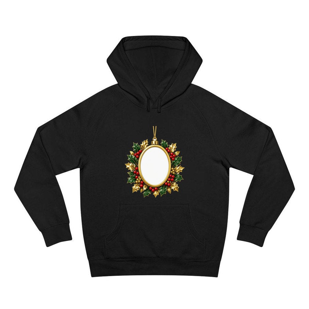 Gold Holly Photo Frame Ornament personalised Christmas hoodie in black