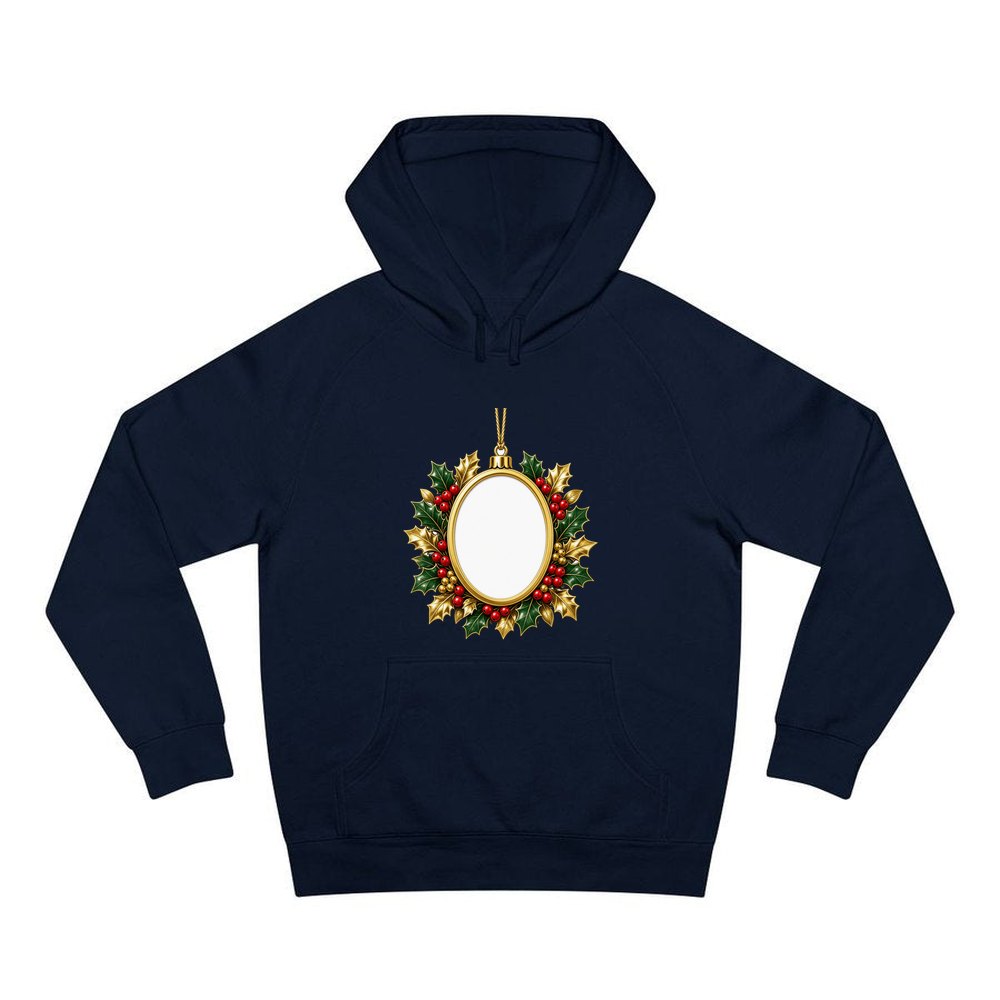Gold Holly Photo Frame Ornament personalised Christmas hoodie in navy