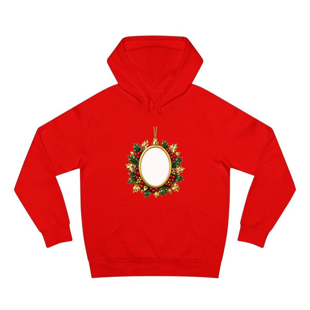 Gold Holly Photo Frame Ornament personalised Christmas hoodie in red