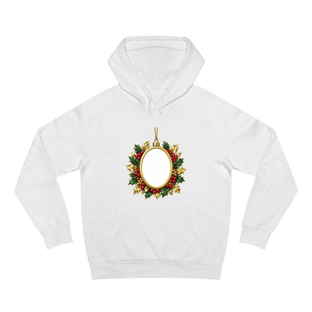 Gold Holly Photo Frame Ornament personalised Christmas hoodie in white