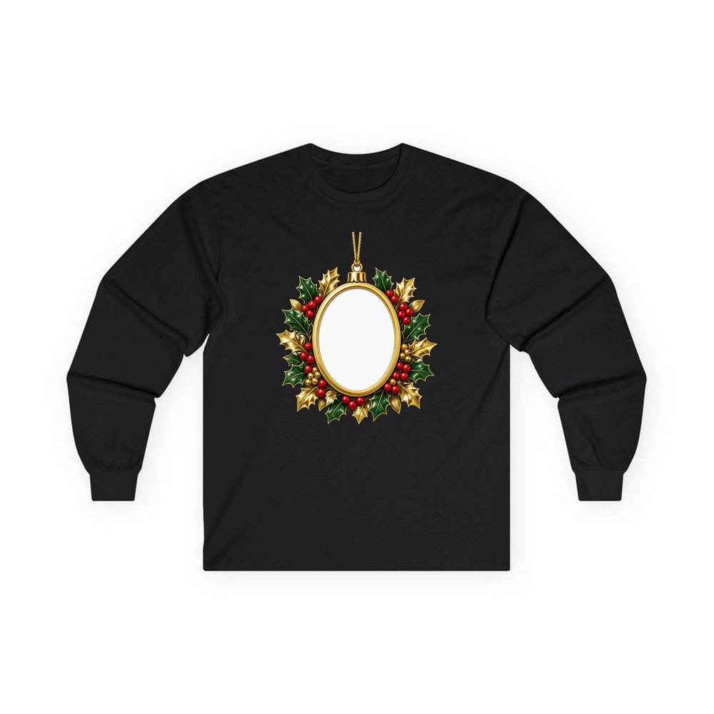 Gold Holly Photo Frame Ornament personalised long sleeve Christmas T-shirt in black
