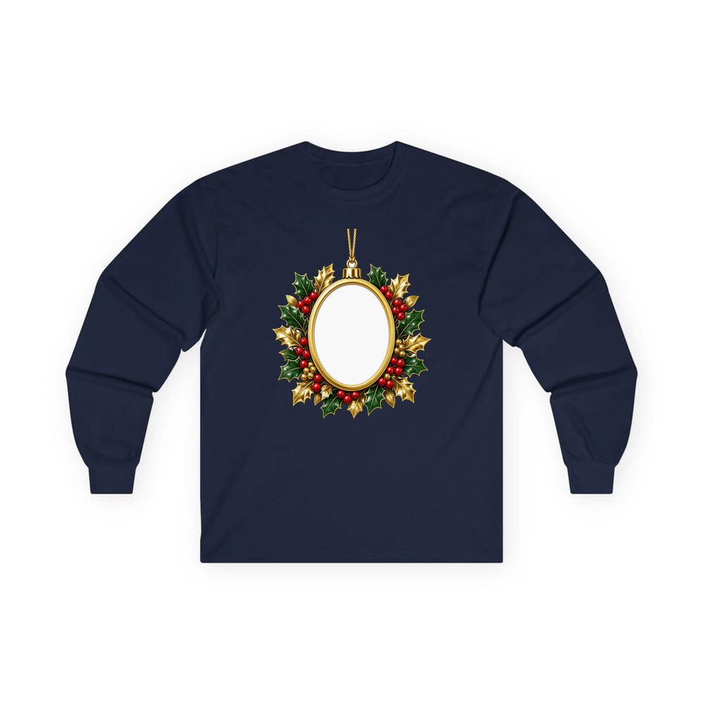 Gold Holly Photo Frame Ornament personalised long sleeve Christmas T-shirt in navy