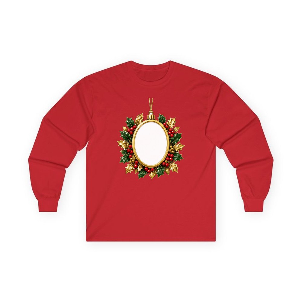 Gold Holly Photo Frame Ornament personalised long sleeve Christmas T-shirt in red