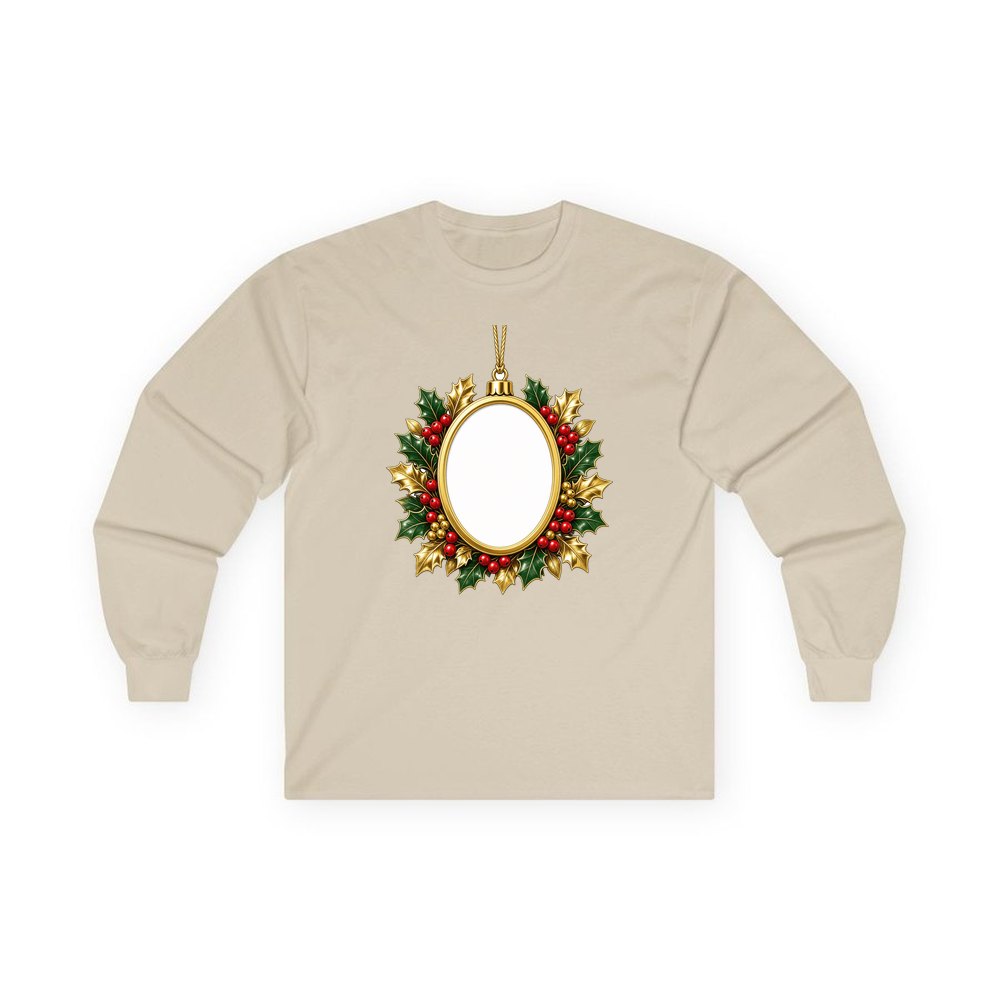 Gold Holly Photo Frame Ornament personalised long sleeve Christmas T-shirt in sand