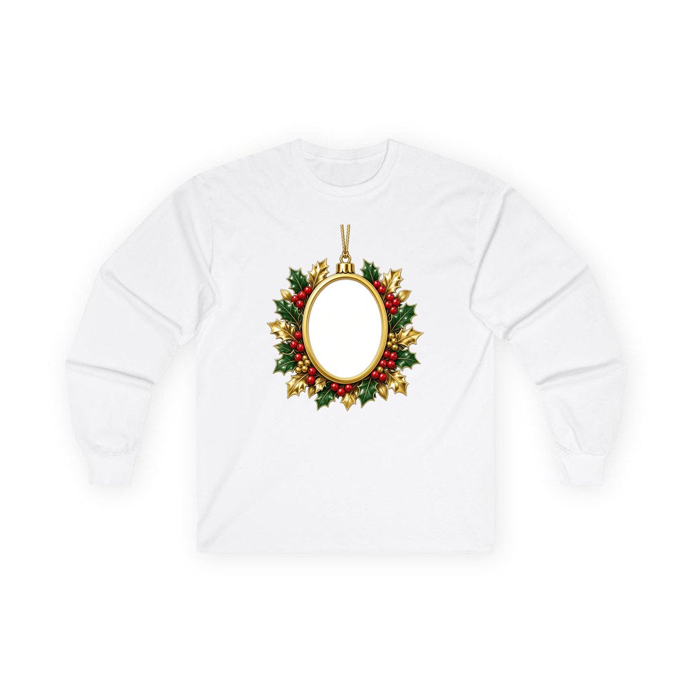 Gold Holly Photo Frame Ornament personalised long sleeve Christmas T-shirt in white