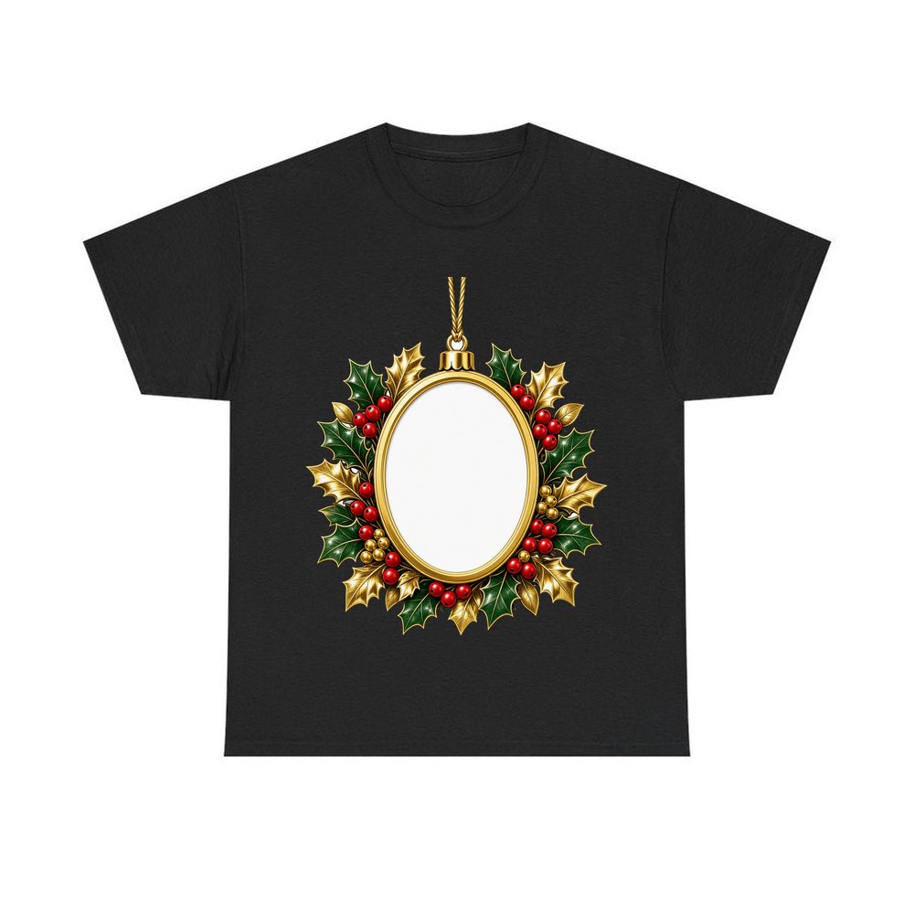 Gold Holly Photo Frame Ornament personalised Christmas T-shirt in black