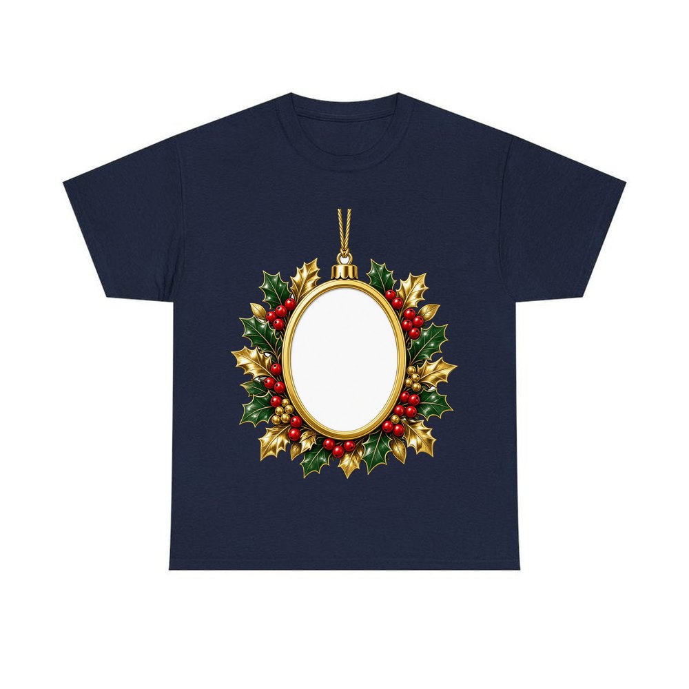 Gold Holly Photo Frame Ornament personalised Christmas T-shirt in navy