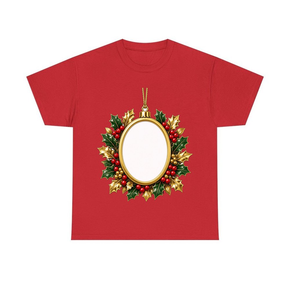 Gold Holly Photo Frame Ornament personalised Christmas T-shirt in red