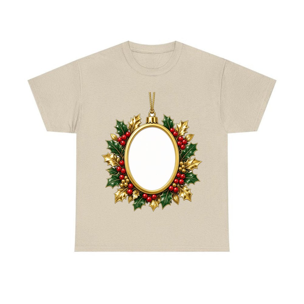 Gold Holly Photo Frame Ornament personalised Christmas T-shirt in sand
