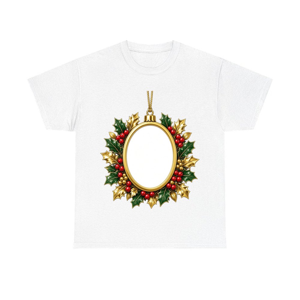 Gold Holly Photo Frame Ornament personalised Christmas T-shirt in white