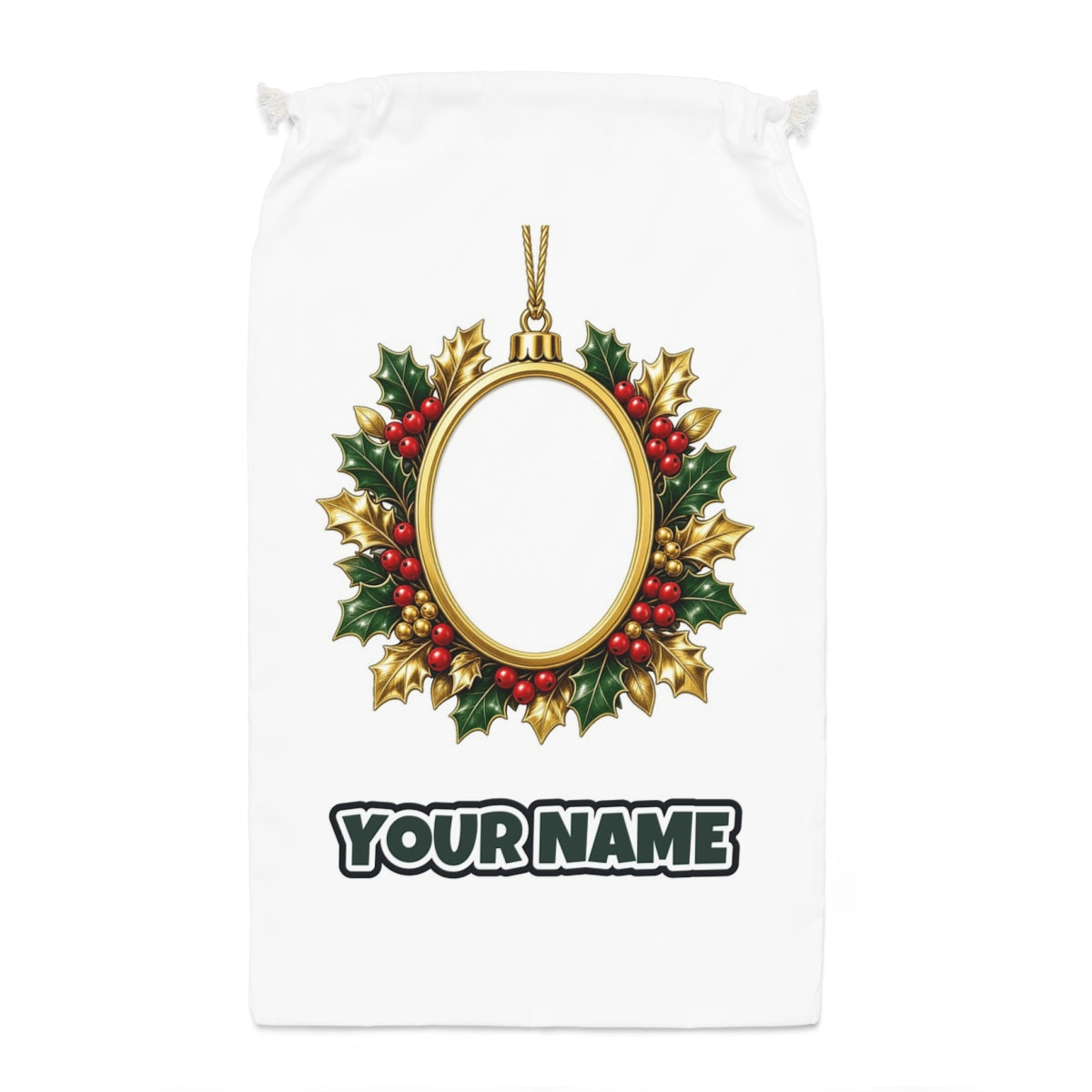Gold Holly Photo Frame Ornament Santa sack laid flat, showing the full print