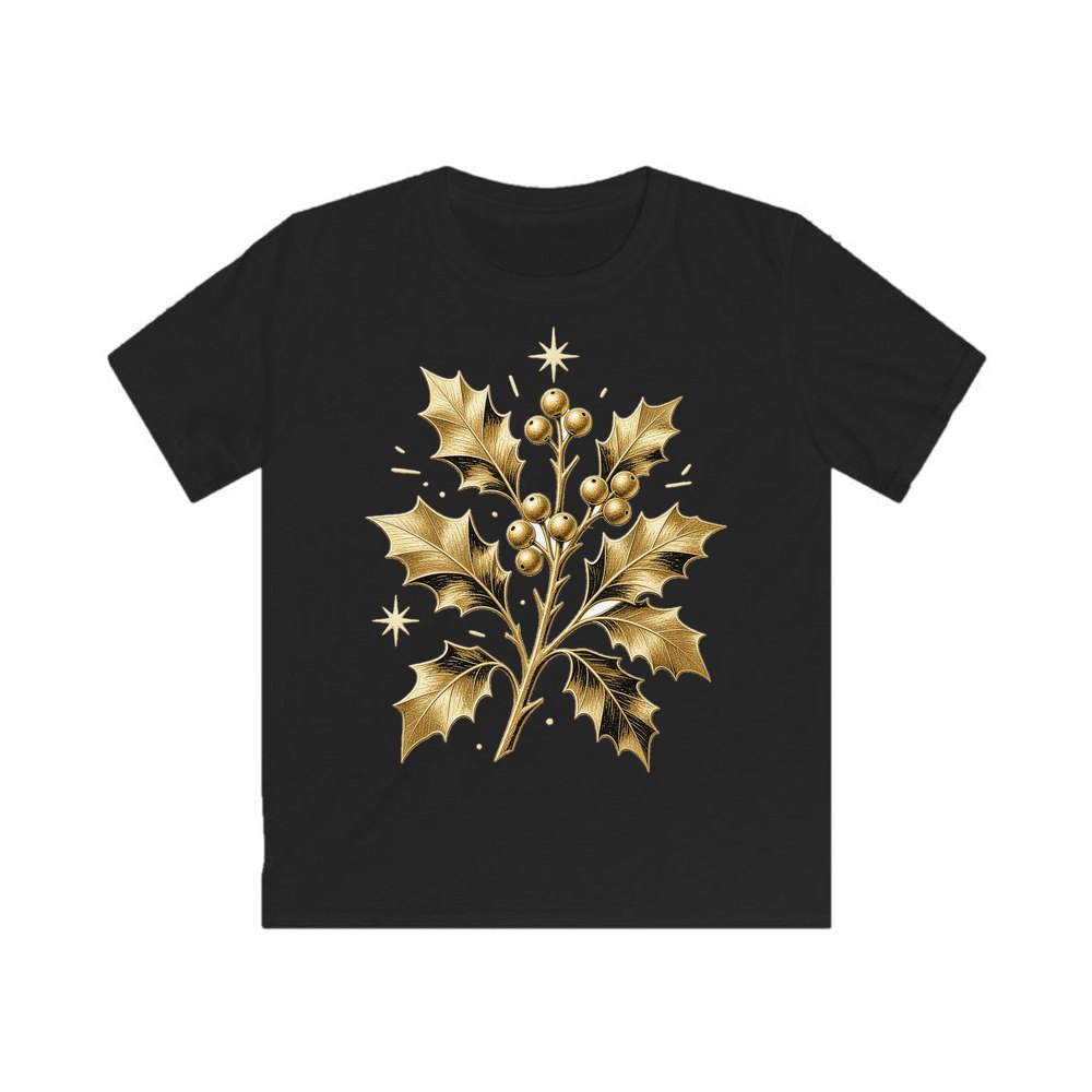 Gold Holly Sprig personalised kids Christmas tee in black