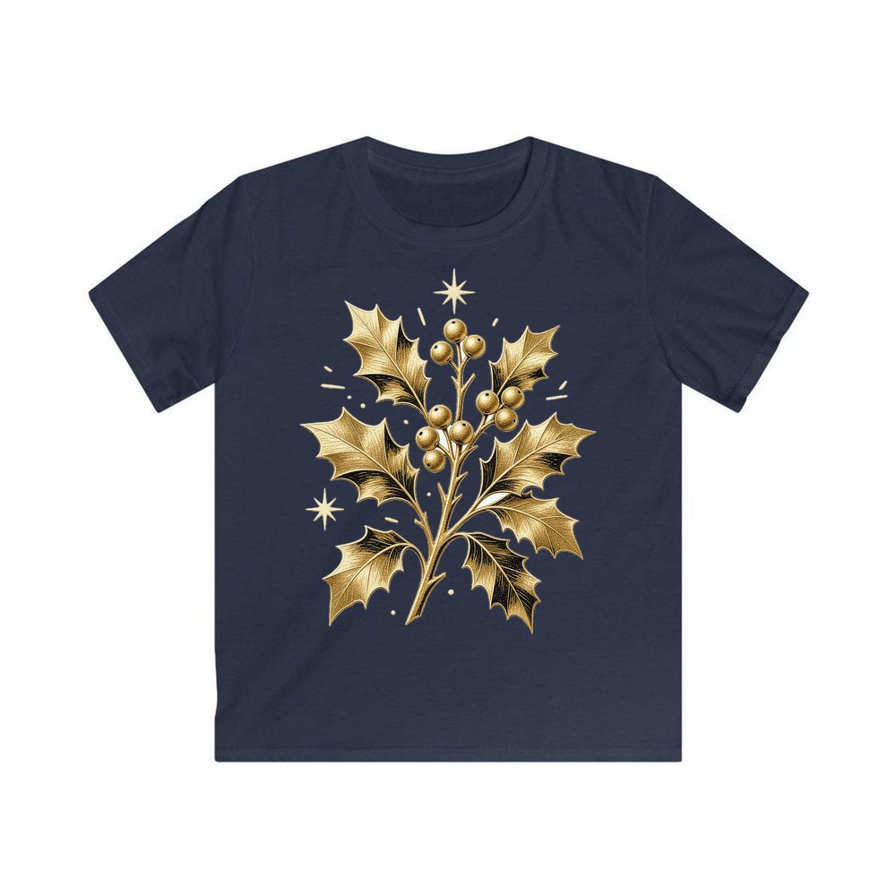 Gold Holly Sprig personalised kids Christmas tee in navy