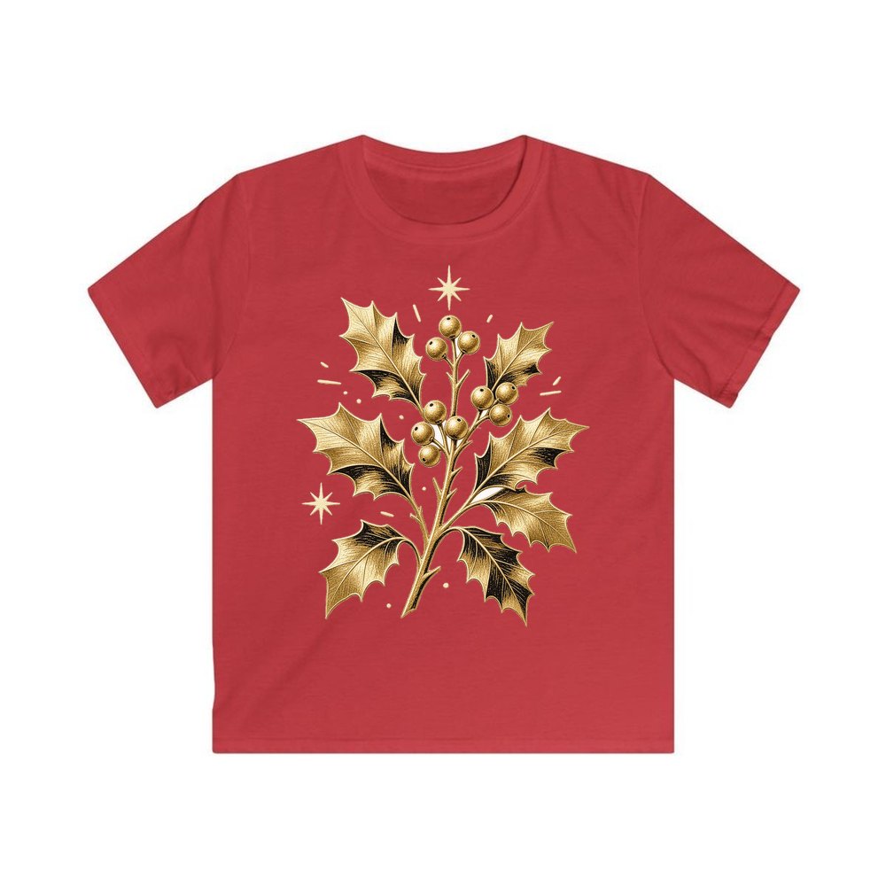 Gold Holly Sprig personalised kids Christmas tee in red