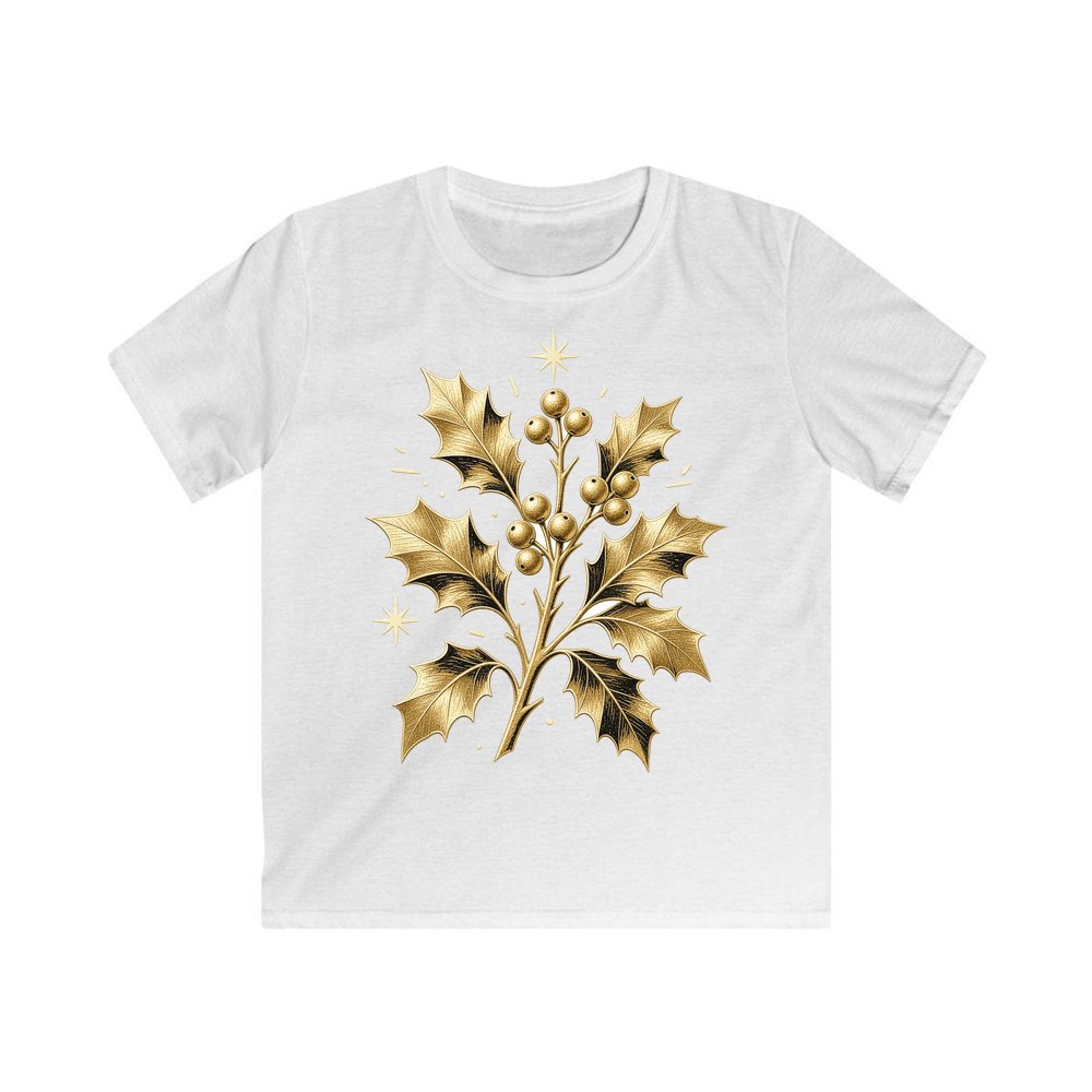 Gold Holly Sprig personalised kids Christmas tee in white
