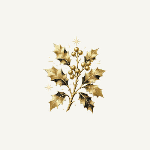 Gold Holly Sprig Christmas artwork, the design printed on the personalised mug