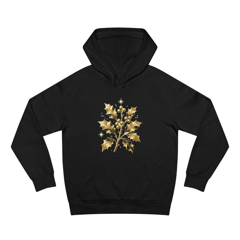 Gold Holly Sprig personalised Christmas hoodie in black