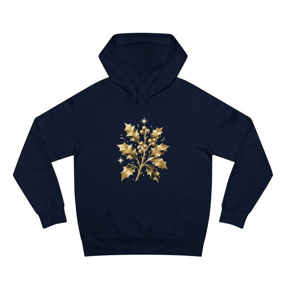 Gold Holly Sprig personalised Christmas hoodie in navy