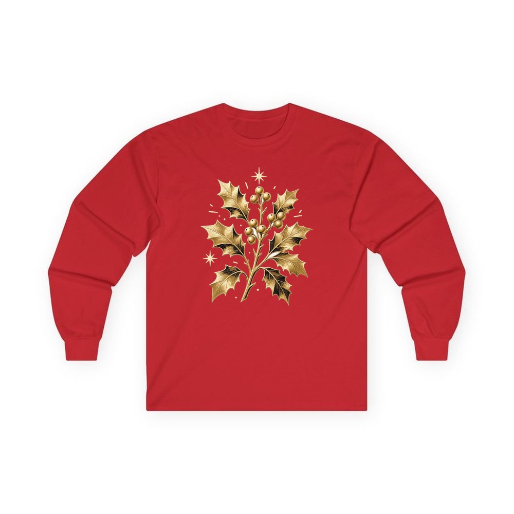 Gold Holly Sprig personalised long sleeve Christmas T-shirt in red