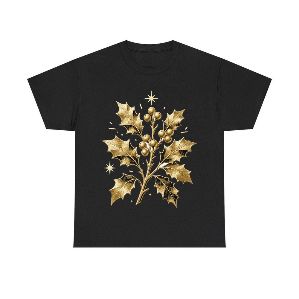 Gold Holly Sprig personalised Christmas T-shirt in black