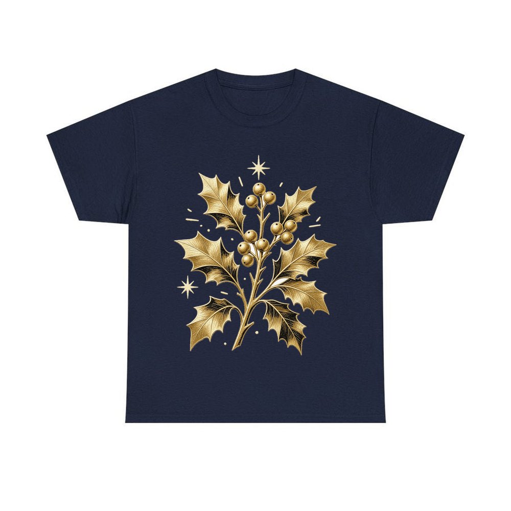 Gold Holly Sprig personalised Christmas T-shirt in navy