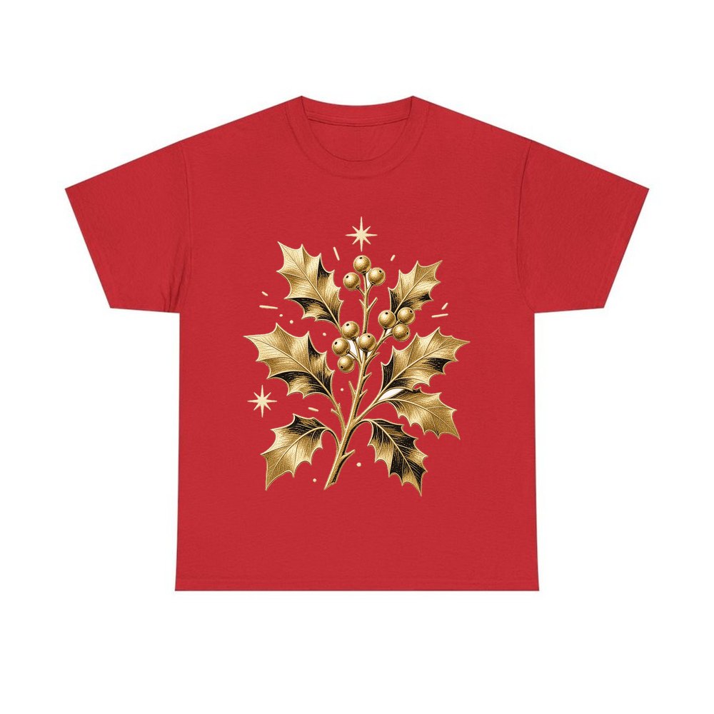 Gold Holly Sprig personalised Christmas T-shirt in red