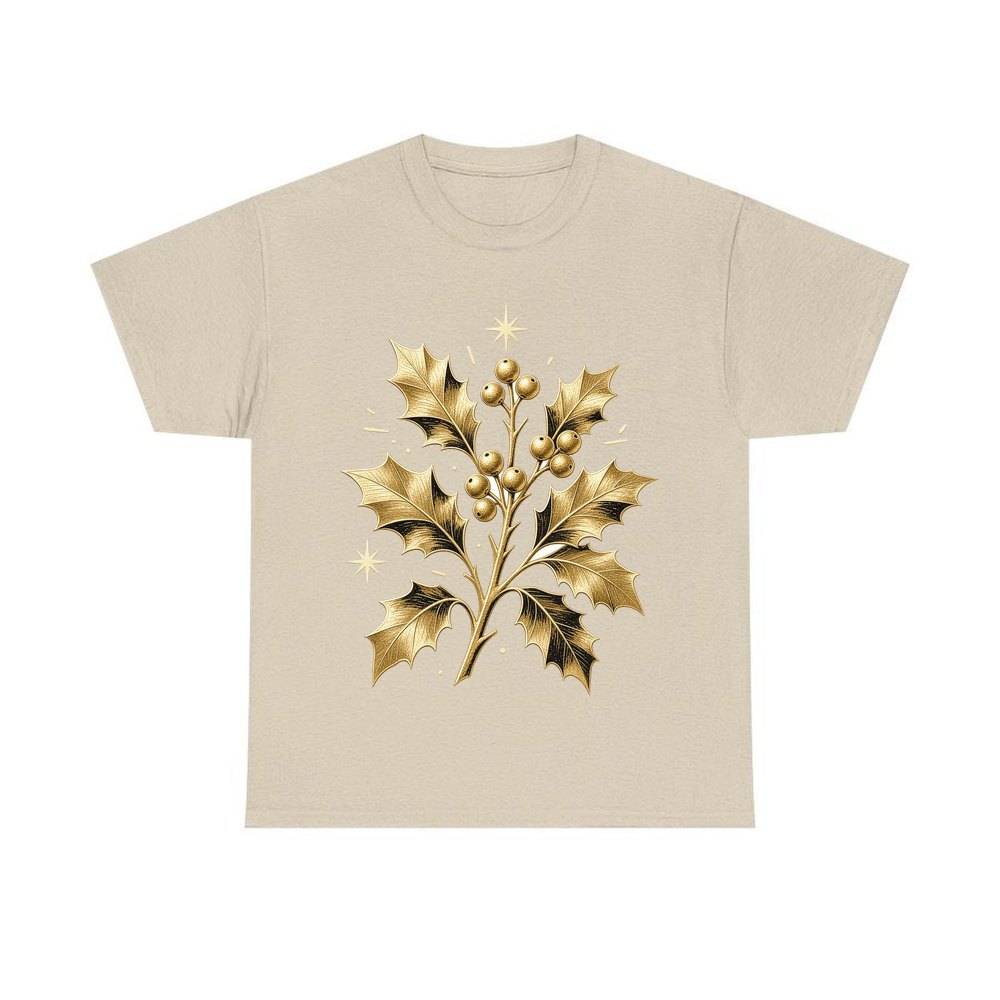 Gold Holly Sprig personalised Christmas T-shirt in sand