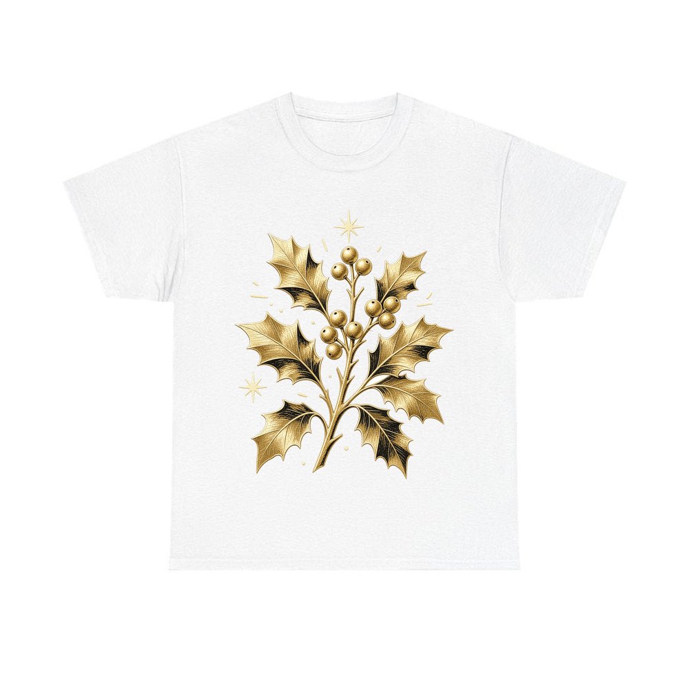 Gold Holly Sprig personalised Christmas T-shirt in white