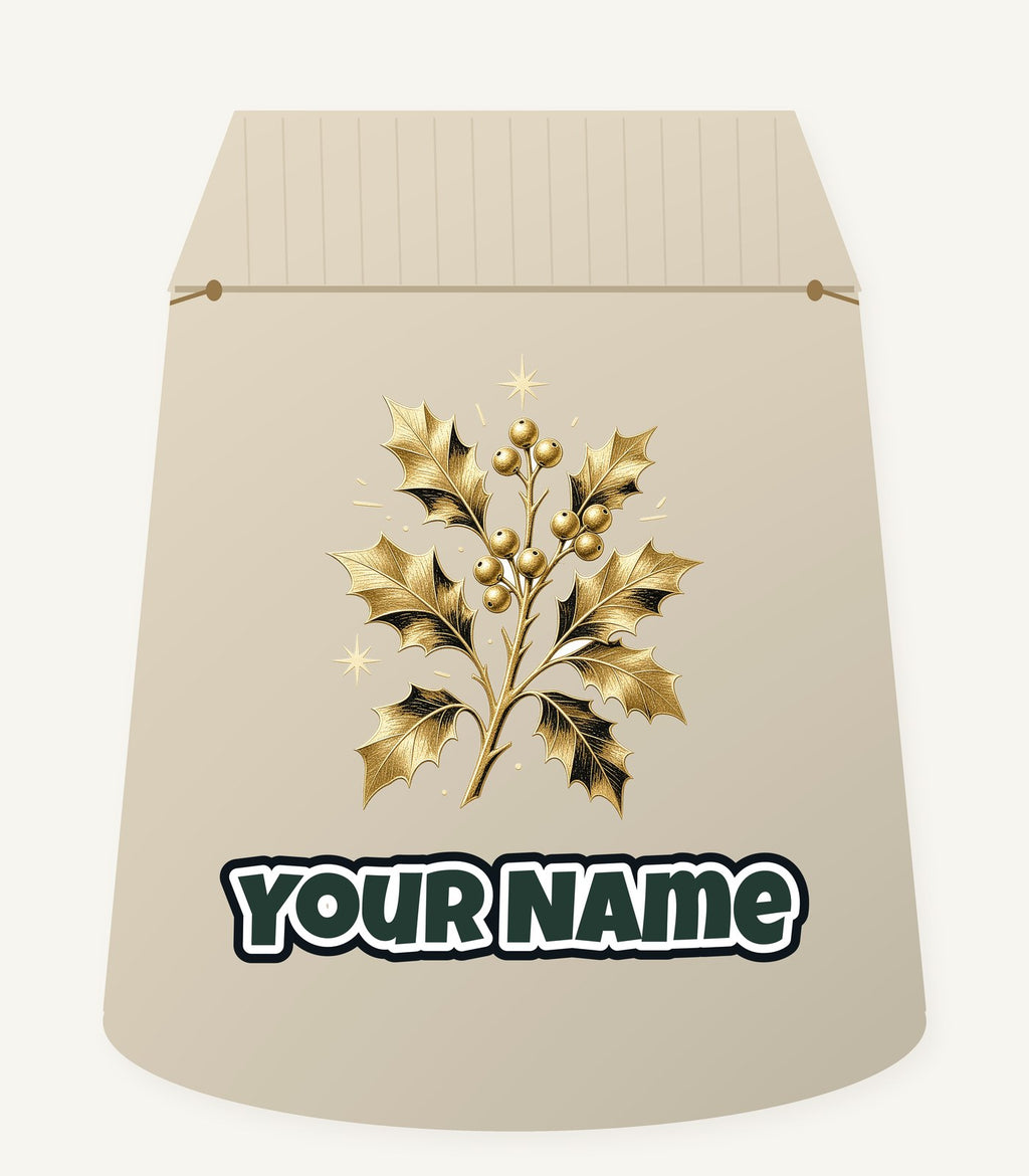 Gold Holly Sprig Personalised Santa Sack