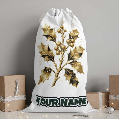 Gold Holly Sprig personalised Santa sack, white, with the name printed under the artwork