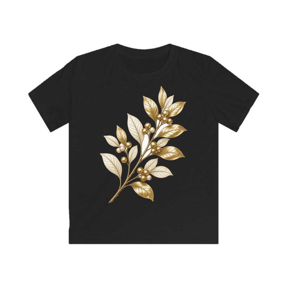 Gold Leaf And Berry Branch personalised kids Christmas tee in black