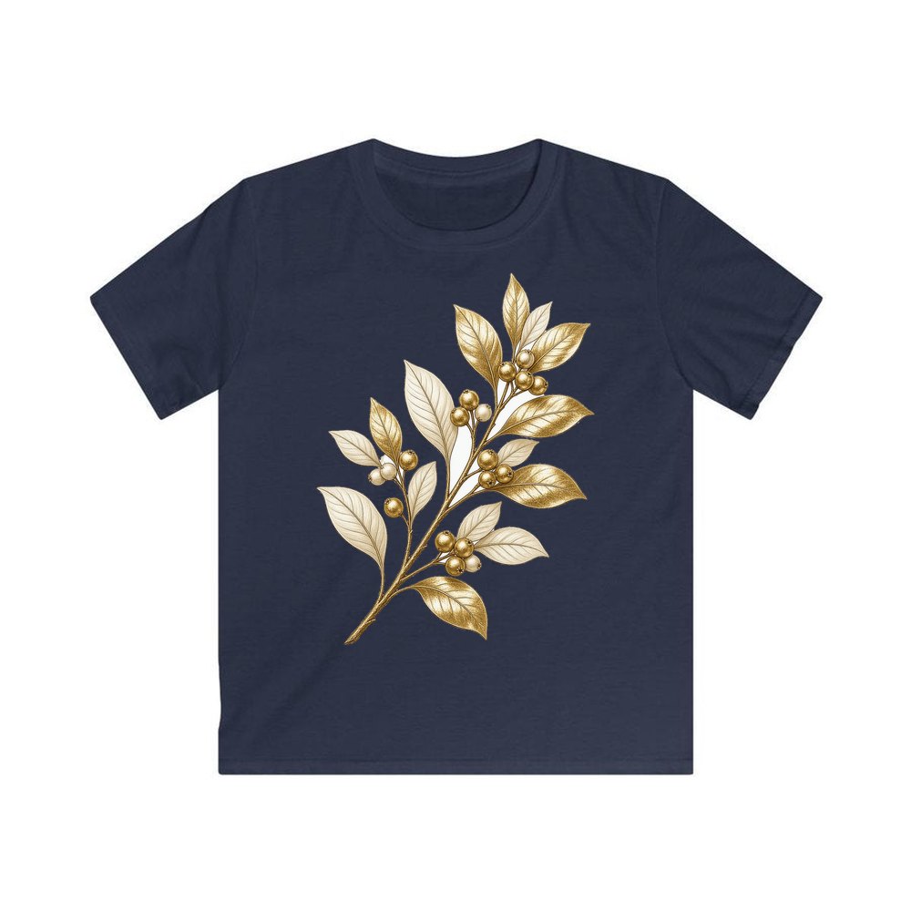 Gold Leaf And Berry Branch personalised kids Christmas tee in navy