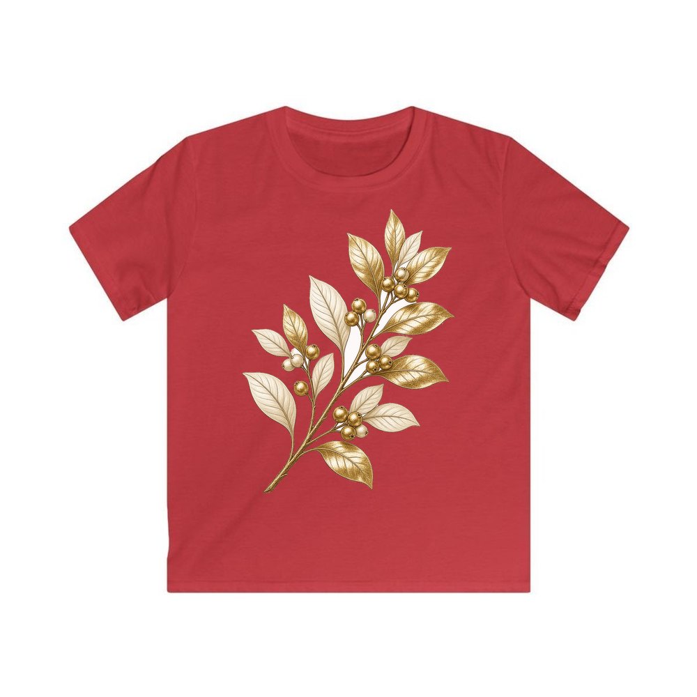 Gold Leaf And Berry Branch personalised kids Christmas tee in red