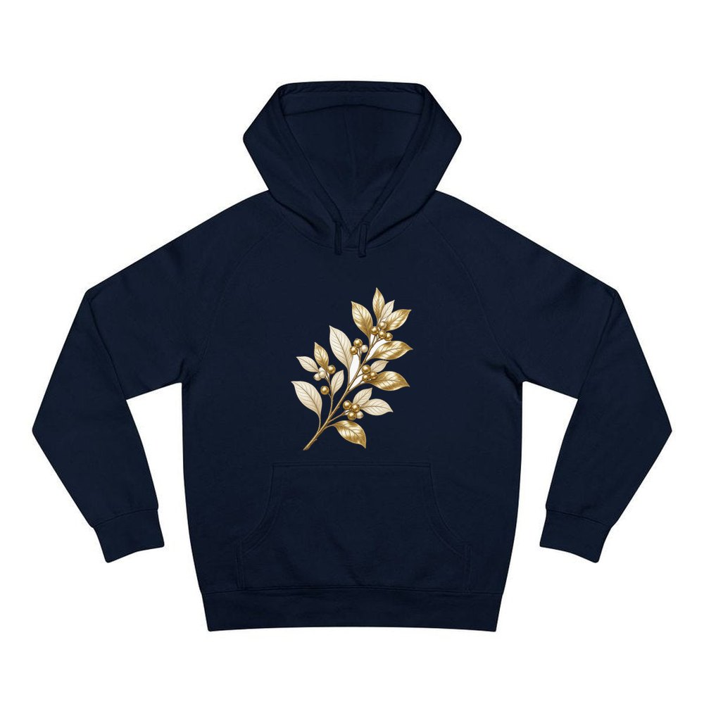 Gold Leaf And Berry Branch personalised Christmas hoodie in navy
