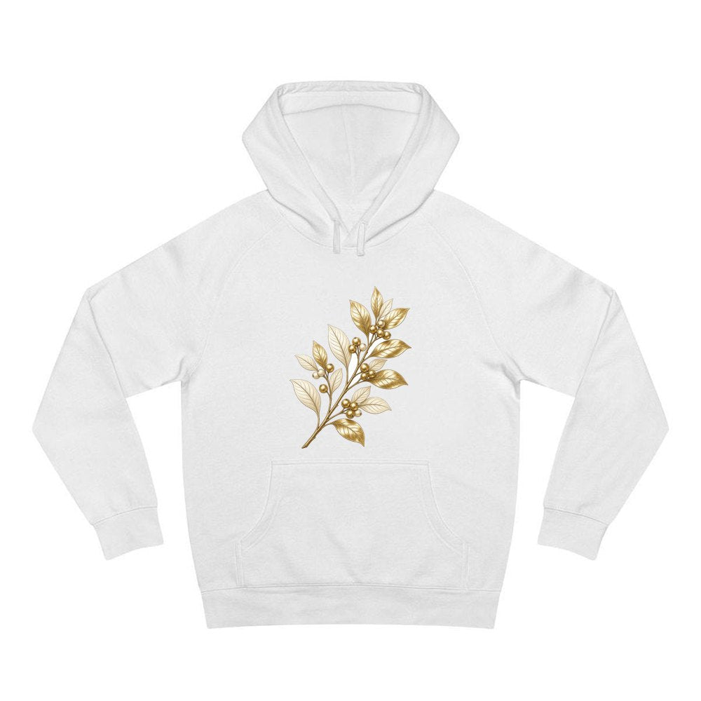 Gold Leaf And Berry Branch personalised Christmas hoodie in white
