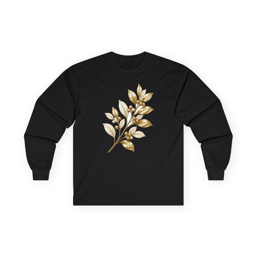 Gold Leaf And Berry Branch personalised long sleeve Christmas T-shirt in black