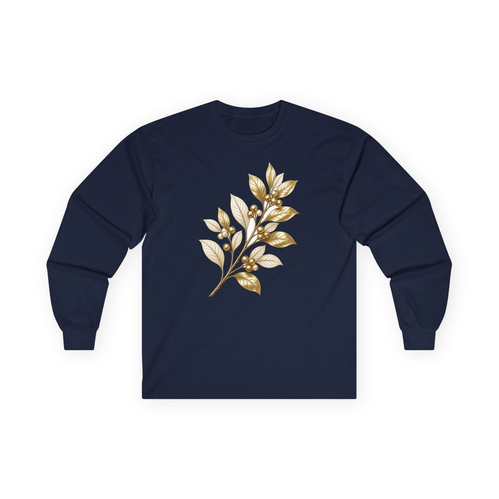 Gold Leaf And Berry Branch personalised long sleeve Christmas T-shirt in navy