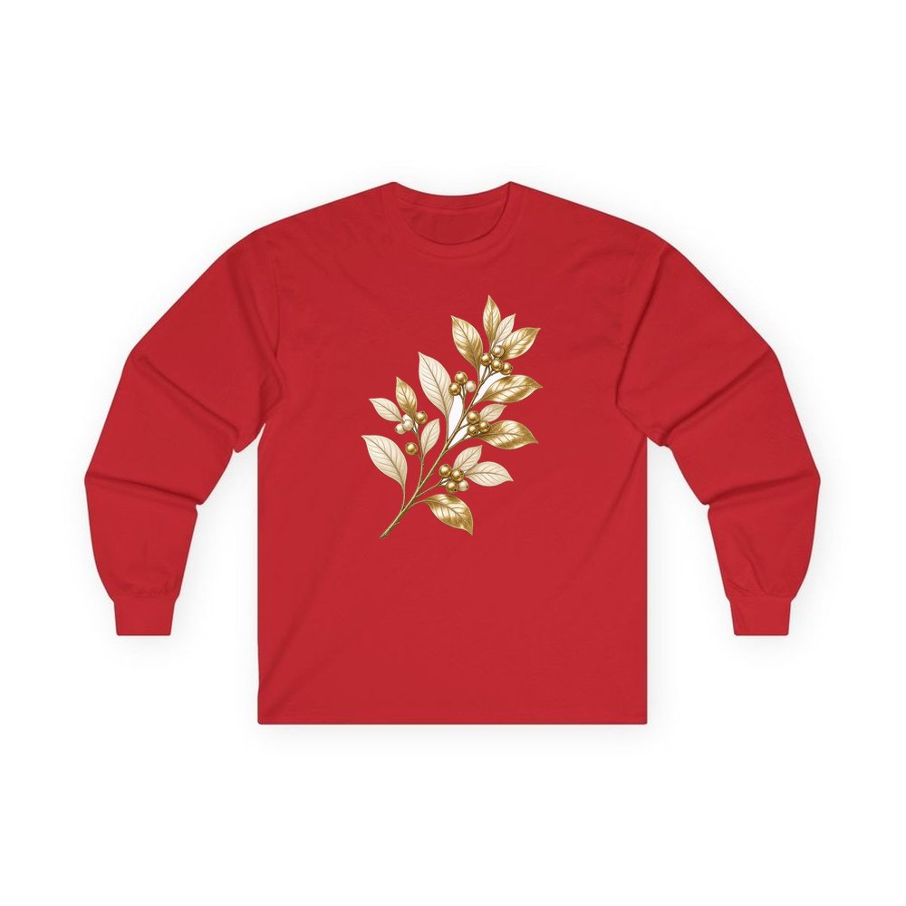 Gold Leaf And Berry Branch personalised long sleeve Christmas T-shirt in red