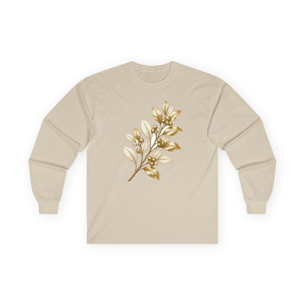 Gold Leaf And Berry Branch personalised long sleeve Christmas T-shirt in sand